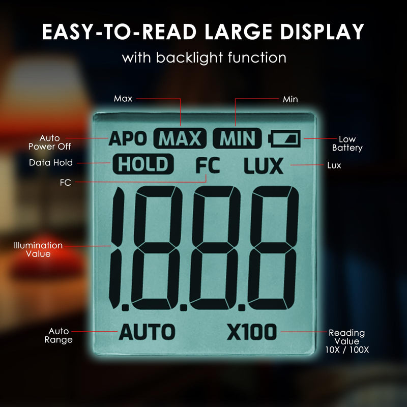 [Australia - AusPower] - Light Meter Digital Illuminance Light Lux Meter Handheld with Large LCD Display, Data Hold, Backlight, Max Reading 0.1 to 200,000 LUX Fast Response High Accuracy for Indoor & Outdoor Light Measurement 