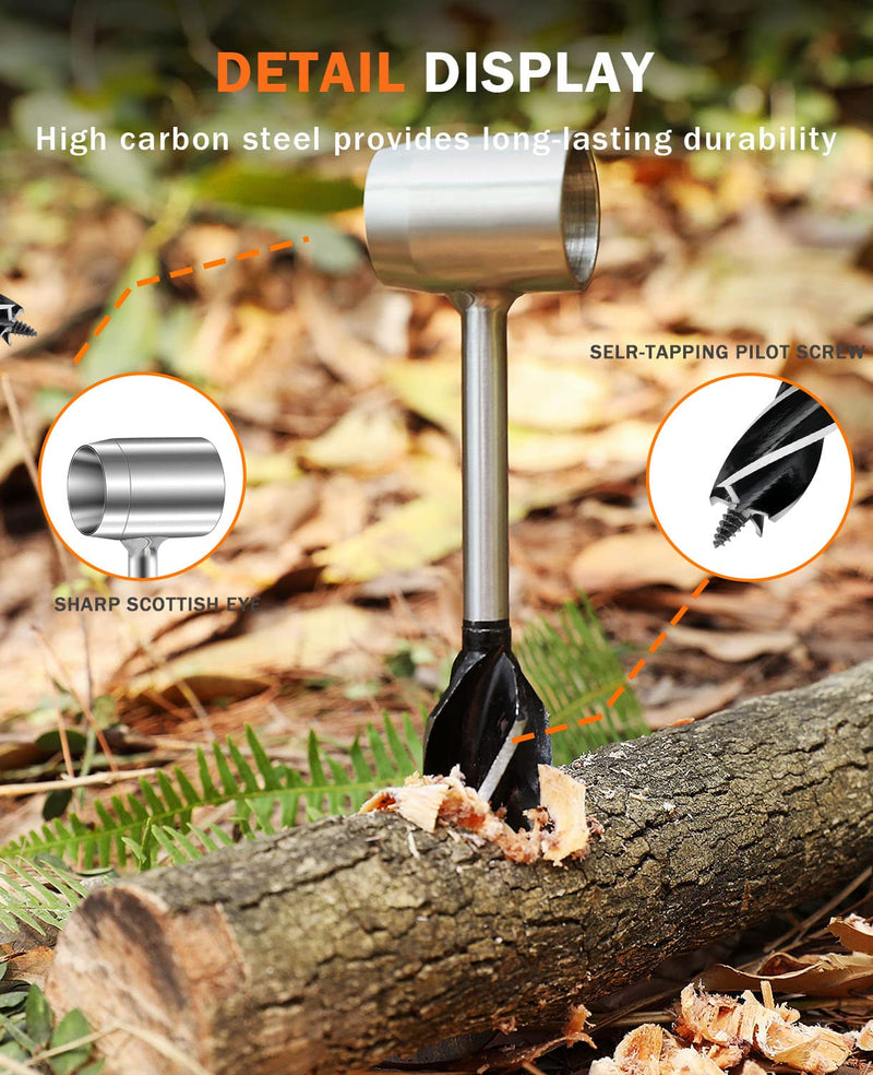 Bushcraft Hand Auger Wrench, Heavy-Duty Scotch Eye Wood Auger, Hand Auger Wood Drill, Manual Hole Maker Multitool with Leather Case for Camping, Outdoor, Hiking Vintage Brown