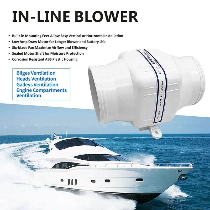 12V in-Line Marine Bilge Air Blower - 3" 130 CFM or 4“ 270 CFM, 3 Inch or 4 Inch Quiet Operation Bilge Blower Fan for Boat, Yacht(4", 270 CFM) 4''