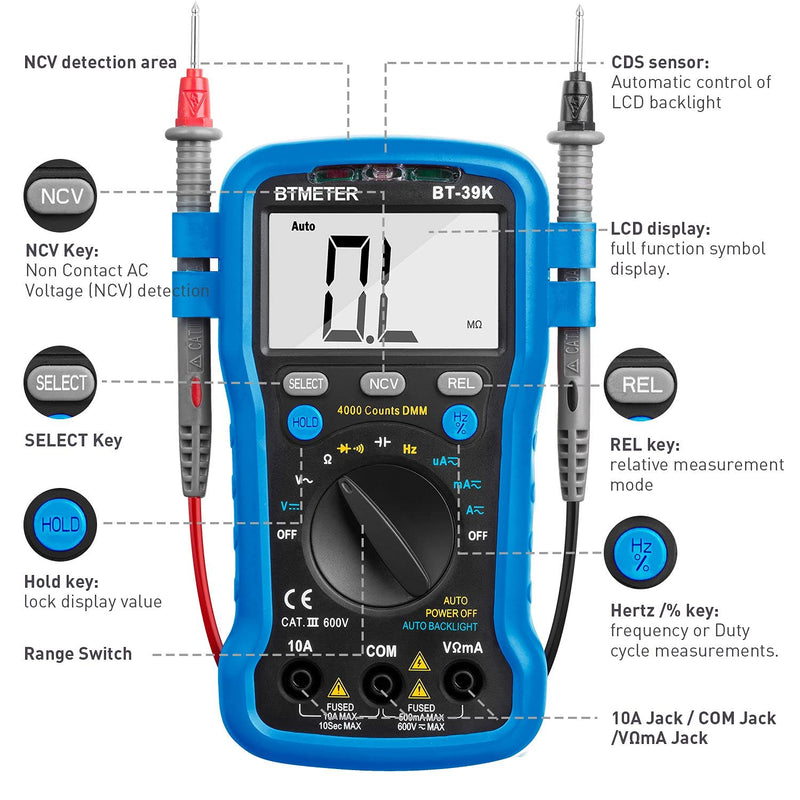 [Australia - AusPower] - BTMETER BT-39K Multimeter with Case, 4000 Count Volt Ohm Amp Meter Autoranging DMM for AC/DC Current, Voltage, Resistance Frequency Tester, with NCV, Audible Continuity, Diode, Auto Backlight Meter BT-39K w/o Temperature Test (Blue) 