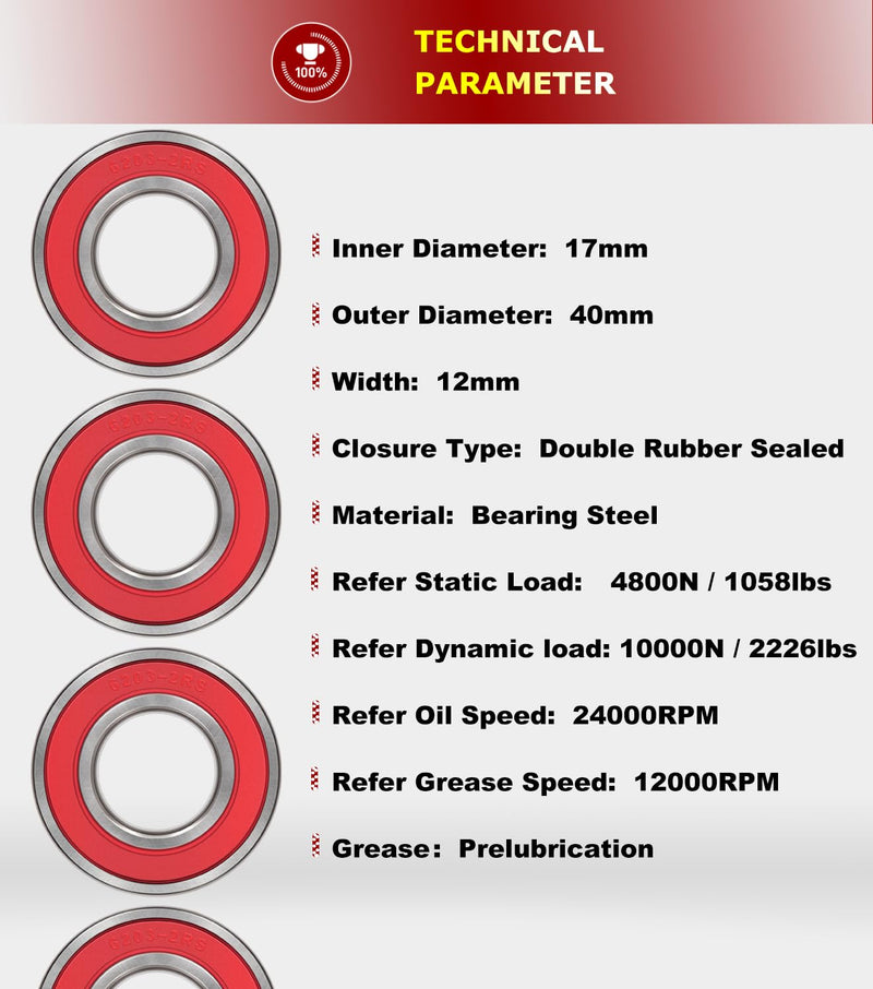 [Australia - AusPower] - 10 PCS 6203-2RS Double Sealed Deep Groove Ball Bearings, 17x40x12mm, Pre-Lubricated with Double Red Rubber Seal & High RPM Support 6203DDU 6203VV 10 PCs 