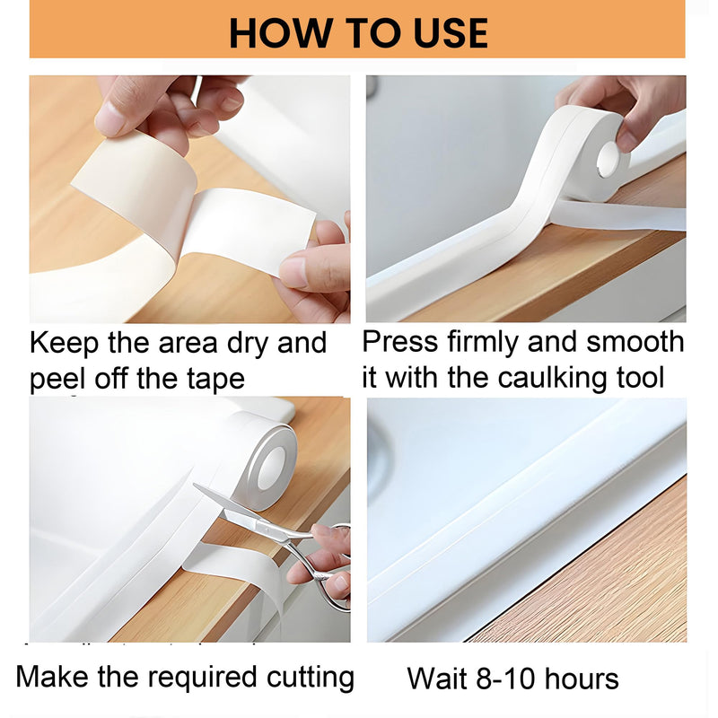 [Australia - AusPower] - White Caulk Tape Waterproof Self Adhesive, Bathroom Caulking Tape,Sealer Strip for Toilet Base Shower Wash Basin Sink, Easy to Use with Silicone Caulking Tool, Multifunction Middle Crease Design 