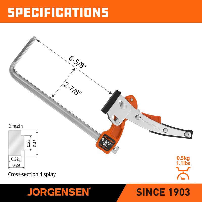 Jorgensen 6-5/8" Ratcheting Table Clamp, Quick Release Track Saw Clamp, Guide Rail Clamps for MFT Table and Guide Rail System, 2-7/8" Throat Depth, 400lbs Load Limit 1