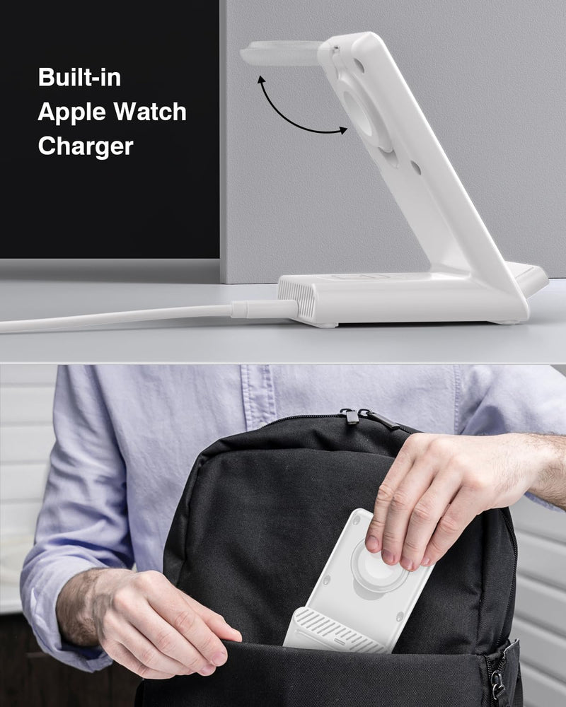 [Australia - AusPower] - Wireless Charging Station,3 in 1 Wireless Charging Stand Made for Apple Watch Ultra 9 8 7 6 SE 5 4 3,Fast Wireless Charger Made for iPhone 15/Plus/Pro Max/14/13/12/11/X,for AirPods Pro(with Adapter) White 