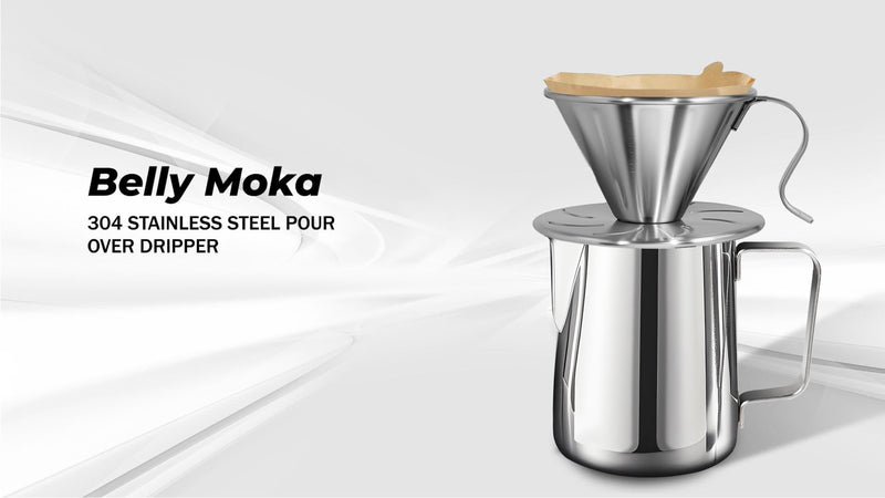 Belly Moka stainless steel pour-over coffee dripper with reusable filter, silver finish, designed for 1-2 cups, with disposable filter papers.