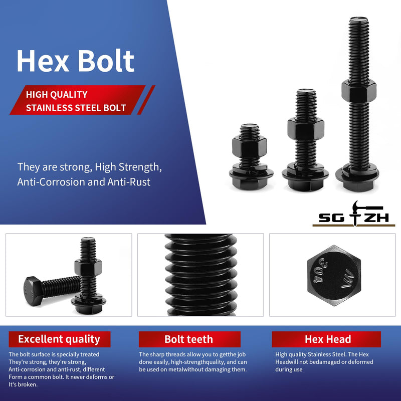 3/8-16 x 1 Hex Head Screw Bolt, Nuts, Flat & Lock Washers, 20Pcs 18-8 (304) Stainless Steel, Fully Threaded, Black Oxide by SG TZH 3/8-16 x 1"