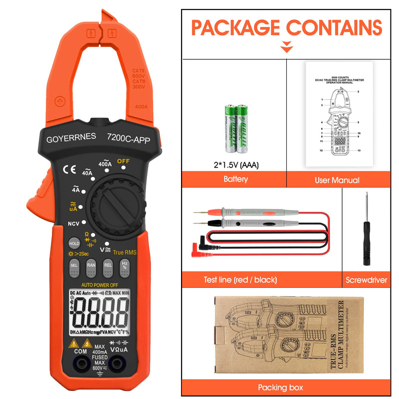 [Australia - AusPower] - Digital Clamp on Meter Multimeter, T-RMS 4000 Counts Auto-ranging Amp Voltage Tester Measuring AC/DC Voltage & Current, Resistance, Capacitance, Frequency, Diodes, Continuity, NCV Detection, Clamp meter 