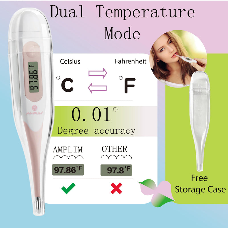 [Australia - AusPower] - Amplim Digital Basal Thermometer, Medical Grade Accurate BBT for Ovulation Tracking, 1/100th Degree High Precision Fertility Prediction, 60-Sec Read, Memory Recall, Flexible Waterproof Tip – Pink 