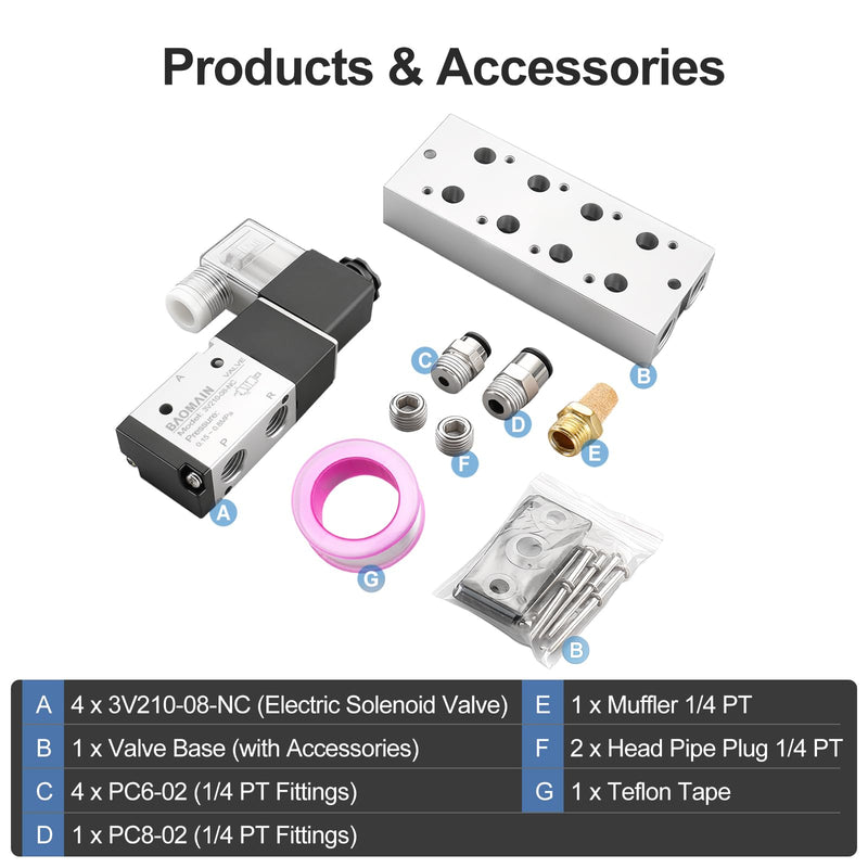 Baomain 4 Station Solenoid Valve Manifold, 12V DC 3 Way 2 Position Pneumatic Air Valve, Four Solenoid, 1/4" PT Port, Includes Manifold Base & Mufflers, 3V210-08 4-Station Valve Kit