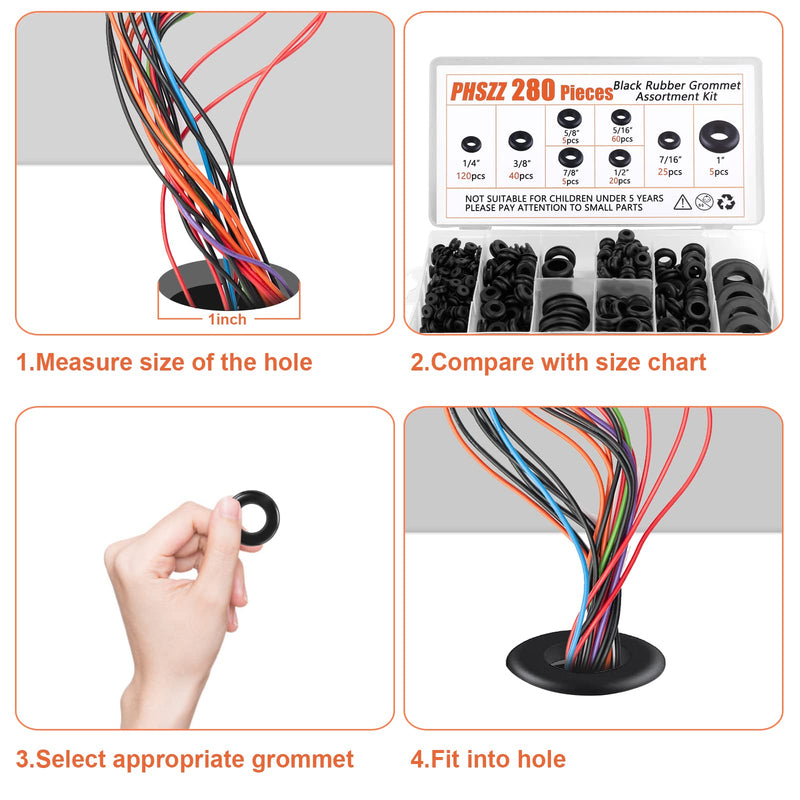 [Australia - AusPower] - PSHZZ 280 PCS Rubber Grommets Kit, Rubber Hole Grommet Gaskets Assortment for Wiring, Wire, Automotive, Firewall, Sheet Metal, Hardware Repair, 8 Sizes 1/4" 5/16" 3/8" 7/16" 1/2" 5/8" 7/8" 1" 