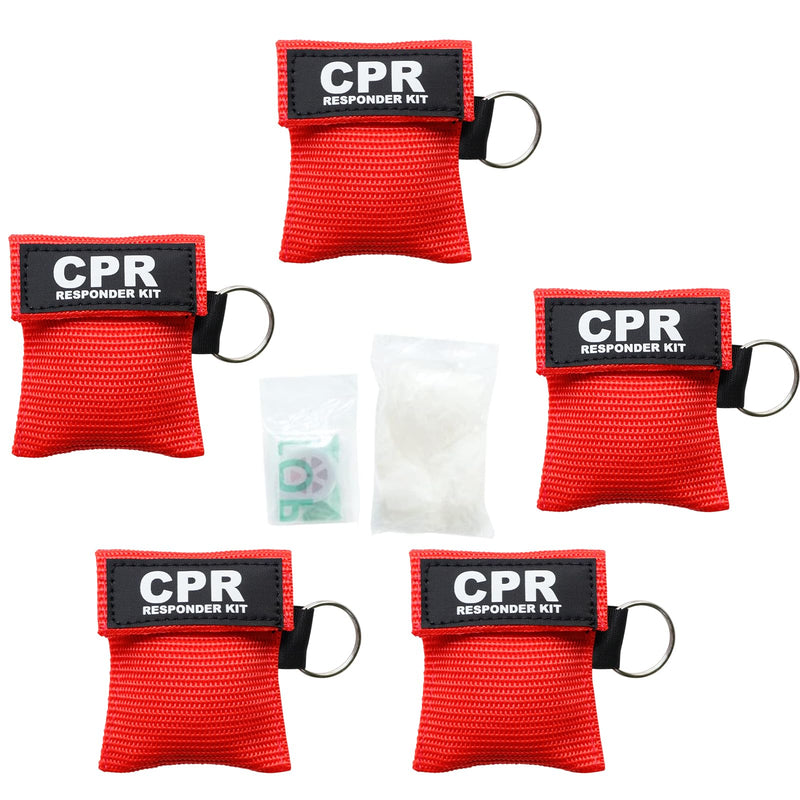 [Australia - AusPower] - AOUTACC 5PCS CPR Mask and PVC Disposable Gloves for Pocket or Key Chain, CPR Emergency Face Shield with One-way Valve Breathing Barrier for First Aid or AED Training Bright Red-5 