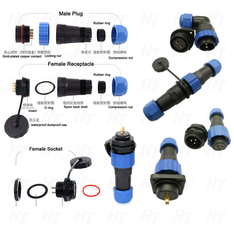[Australia - AusPower] - HangTon SD20 10Amp 6 Pin Threaded Plastic Connector Male Waterproof IP68 Electrical Right Angle Cable Plug Panel Mount Chassis Socket 
