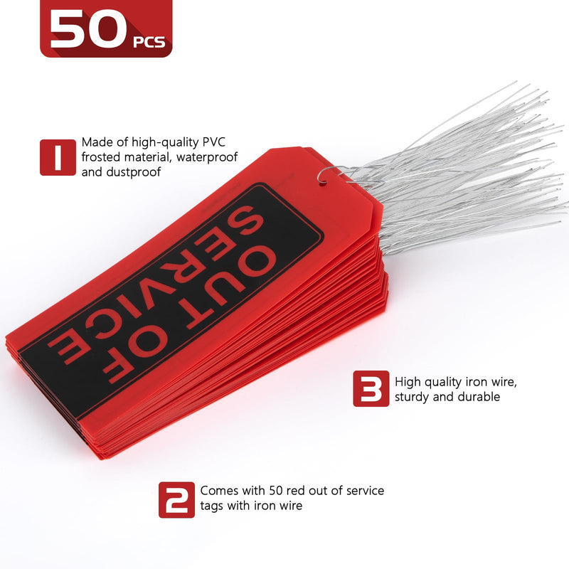 Out of Service Tags,50-pk Red Repair Tags with Wires Attached,Tear & Water Resistant PVC-Plastic,Maintenance Repair