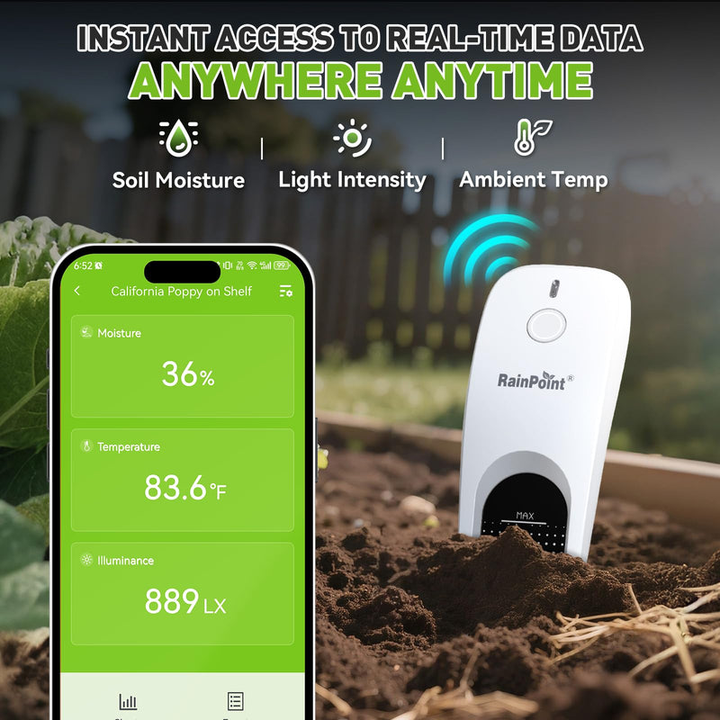 RainPoint 3-in-1 APP Remote Monitoring WiFi Soil Meter for Plant Indoor/Outdoor, Moisture/Air Temperature/Light Intensity Monitor and Custom Alert, IP66 Waterproof Wireless Sensor, 2.4GHz WiFi Support Sensor + Hub White