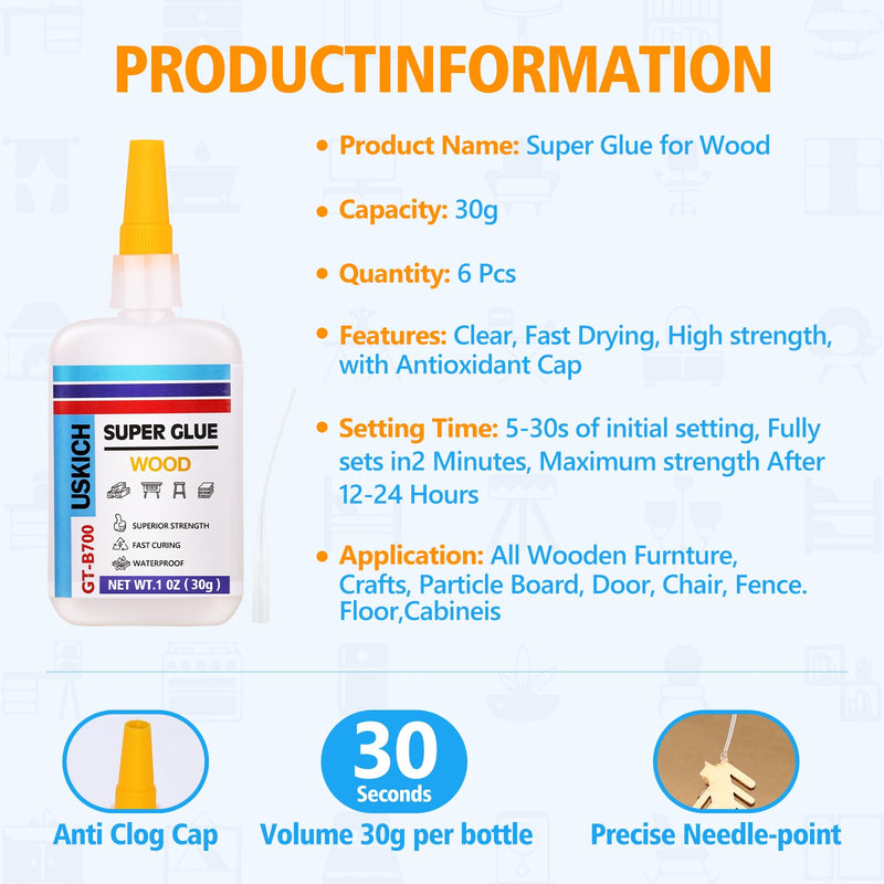 [Australia - AusPower] - Super Glue for Woodwork with Anti Clog Cap. 6 x 1 fl oz,CA Glue - Clear Adhesive Cyanoacrylate Glue for Furniture, Garden, Crafts, DIY, Metal to Wood, Quick Dry Wood-Glue 