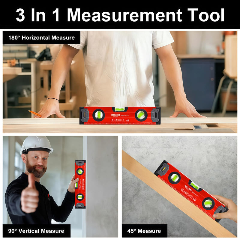 Flintronic 30 cm Spirit Level, Small and Magnetic, Lightweight Aluminum Profile, with Three Levels, 45°/90°/180°, Red 30cm