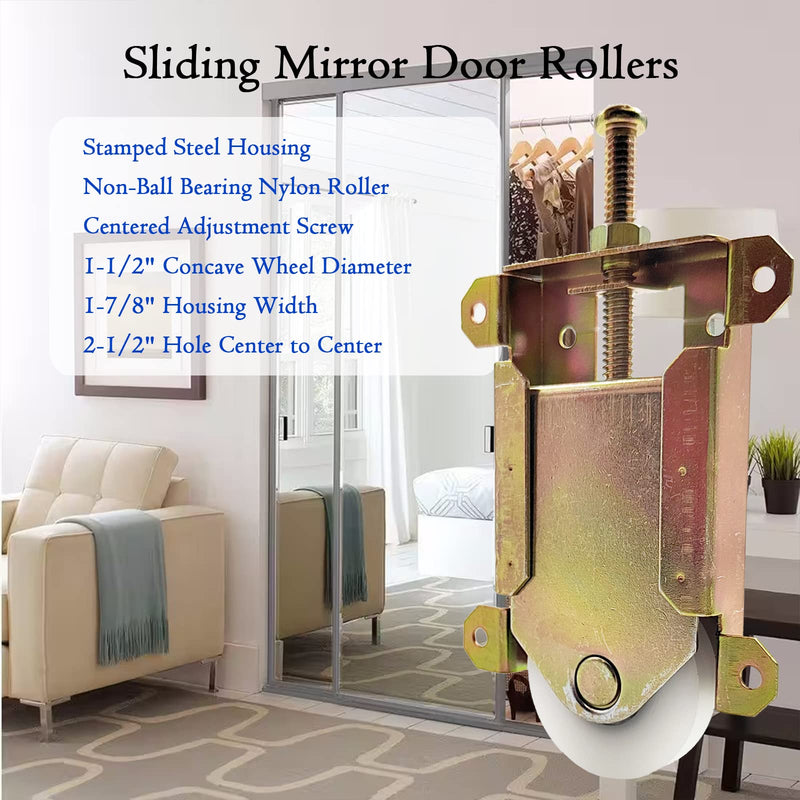 Sliding Mirror Door Rollers Assembly Fit Contractors Part #W8020C, 1-1/2" Nylon Concaved Wheels, 2-1/2" Hole Centers, Top Adjustable, Yellow Zinc Plated, 4 Pack 2-1/2" H.C. - 4Pack