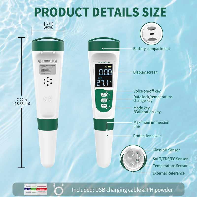 [Australia - AusPower] - 5-in-1 Digital PH Meter, with Voice Function, PH/TDS/EC/Temp/Salt Pool Salt Tester, Waterproof & Rechargeable Pen Meter for Swimming Pools, Fish Tank, Aquariums & Hydroponics 