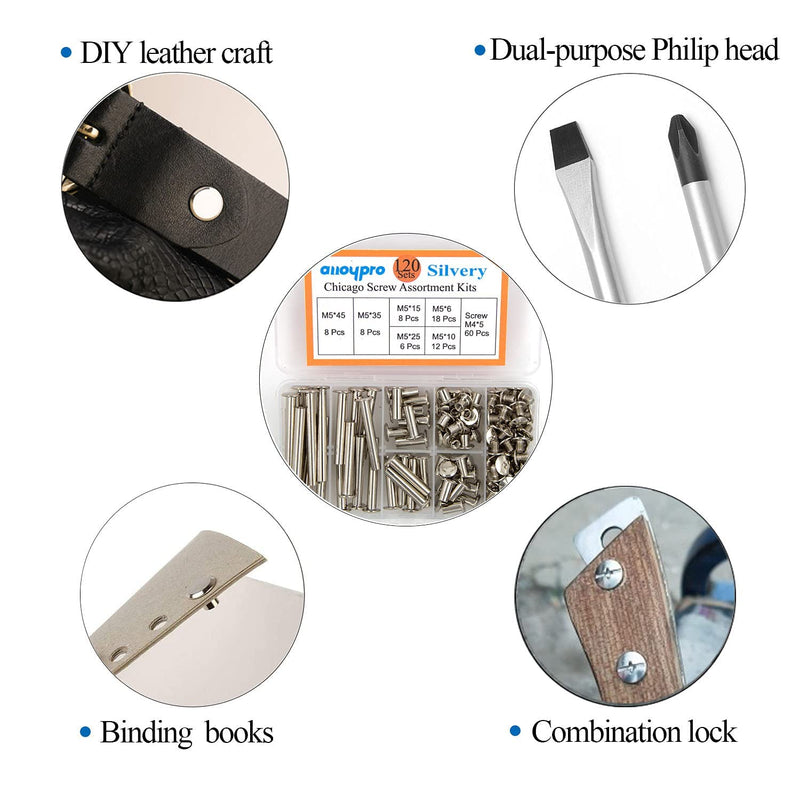 [Australia - AusPower] - Alloypro 120 Pcs (60 Pair) M5 x 6/10/15/25/35/45 Silvery Phillips Chicago Screws Binding Screw Posts,Scrapbook Photo Albums Binding Screws Assorted Kit 6 Sizes for Leather Saddles Purses Belt Repair Silvery M5x6/10/15/25/35/45 