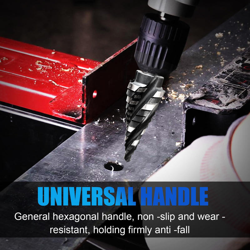 M35 Four Spiral Flute Step Drill Bit Set 1/8"-7/8"(3 pcs), 1/4" Hex Shank Unibit Step Drill bit, Impact Resistant M35 Cobalt Step Drill Bit, for Stainless Steel, Wood, Aluminum, Plastic Spiral 1/8"-7/8"