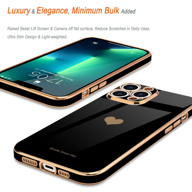 [Australia - AusPower] - Teageo for iPhone 13 Pro Case for Women Girl Cute Love-Heart Luxury Bling Plating Soft Back Cover Raised Full Camera Protection Bumper Silicone Shockproof Phone Case for iPhone 13 Pro, Black 