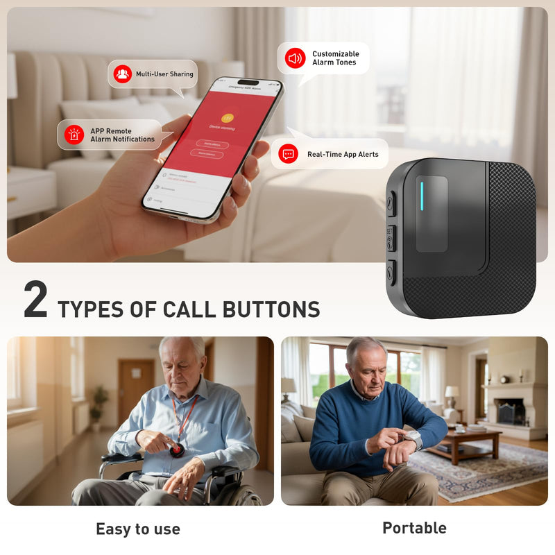 [Australia - AusPower] - SanJie Wi-Fi Wireless Caregiver Pager Call Button for Elderly at Home - Alert Systems with App Remote Alerts & Device Sharing Suitable for Seniors & Patients and People with Disabilities 1+1 Black 01 
