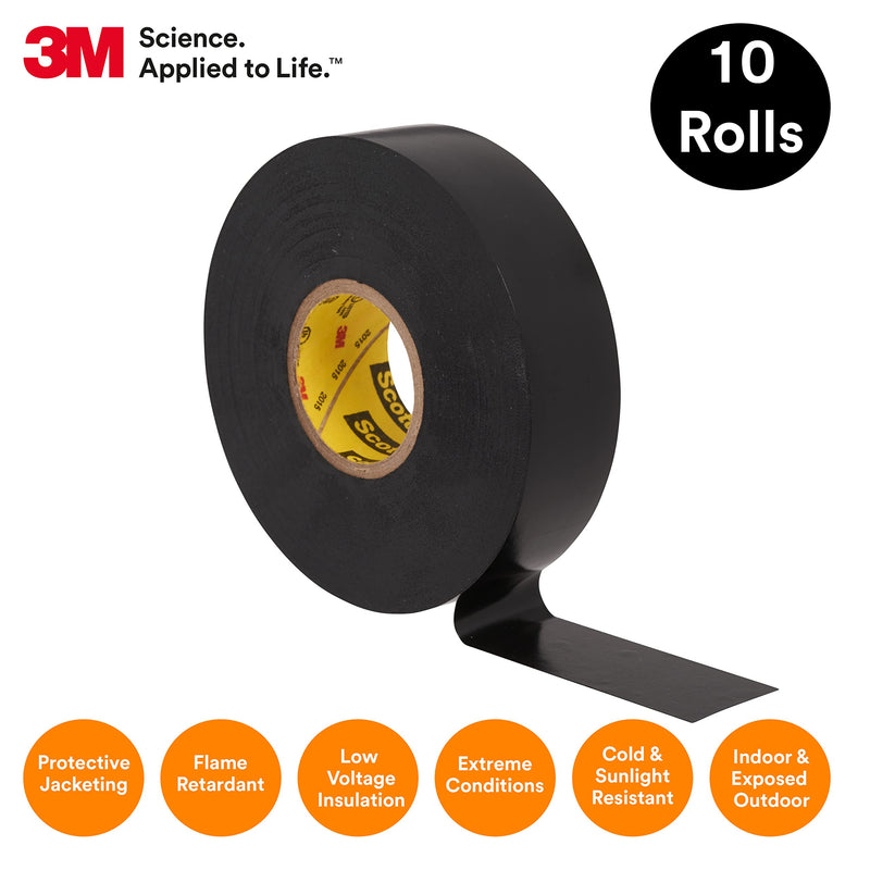 3M Scotch Super 33+ Electrical Tape - 3/4 in x 20 ft, Premium Grade All-Weather Vinyl, Resistant to Abrasion, Moisture, Corrosion, Alkalies - Black, 10 Roll Pack 3/4" X 20ft