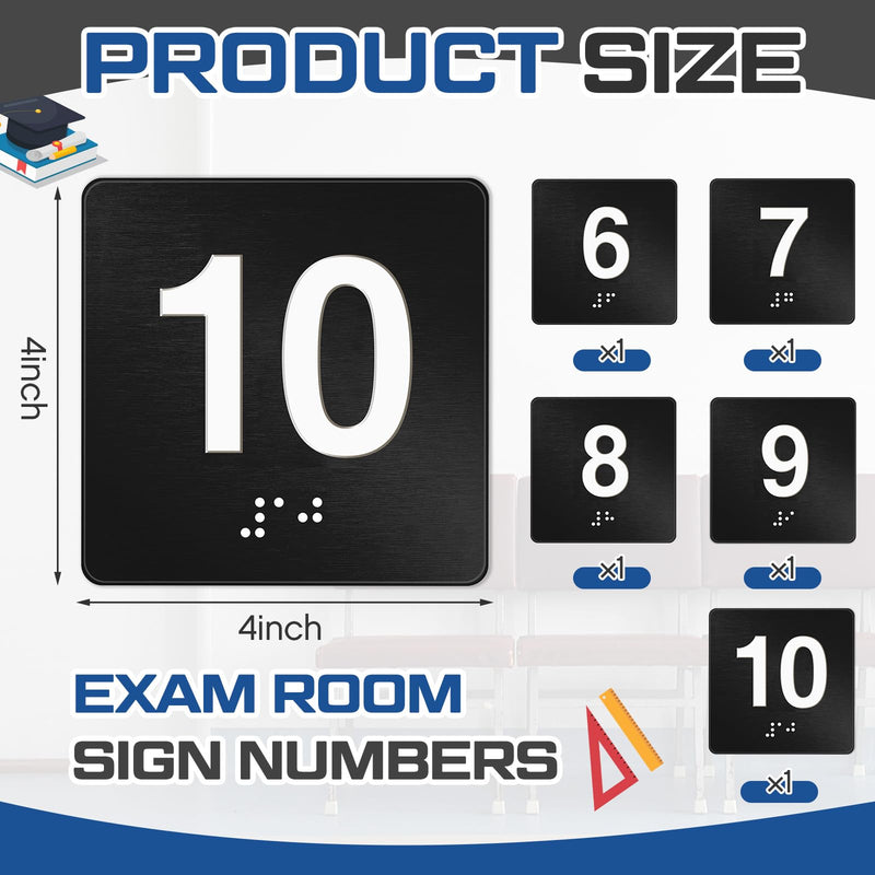 Yaocom Exam Room Sign with Braille and Tactile 4" x 4" Identification Signs Numbers for Exam Rooms Offices Educational Institution Directional Assistance Test Center (Black/white,Numbers 6-10) Black/white Numbers 6-10