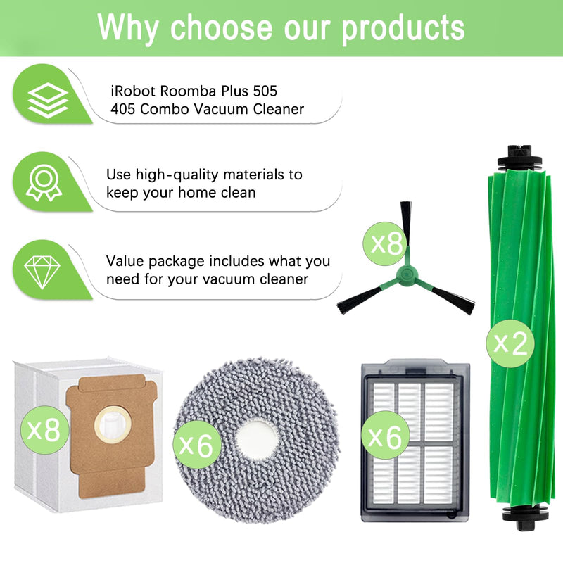 Replacement Parts Accessories Kit for iRobot Roomba Plus 505 Combo 405 Combo Robot Vacuum Cleaner, 2 Roller Brush, 6 Mop Pads, 6 Filters, 8 Side Brush, 8 Vacuum Bags 2+6+6+8+8 Pack