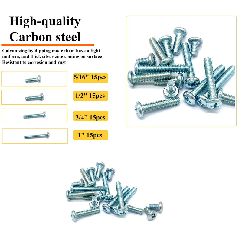 [Australia - AusPower] - 60 Pcs 4 Sizes #8-32 Machine Screws Knob Screws Cabinet Screws Electricians Screws, Carbon Steel Zinc-Plated Phillips Pan Head Machine Screws Assortment Kit #8-32-4Size-60P 