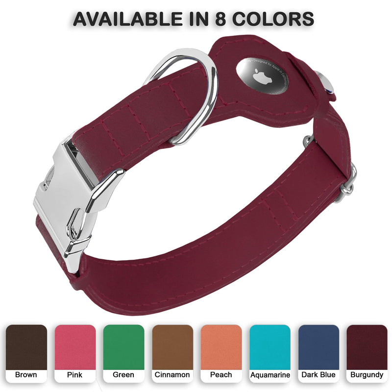 Leather Dog Collar with Airtag Holder - Soft Adjustable Airtag Dog Collar with Metal Buckle - GPS Tracking Apple Air Tag Pet Collar for Small Large Dogs (Burgundy, XL, 20"-25" Neck Fit) Burgundy
