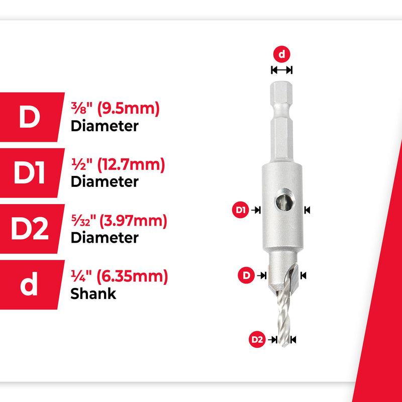 Amana Tool Carbide Tipped 82 Degree Countersink Drill Bit, 55274, 3/8 Dia x 5/32 Drill D x 1/4 Inch Quick Release Hex Shank for Tool 55225