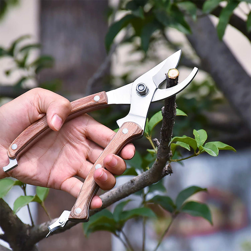 BUGUI 8” Wood Handle Garden Scissors, Set of 2, Includes Bypass Pruning Shears and Long Straight Tip Clippers, Premium Gardening Tools with Precision-Ground SK-5 Steel Blade 8"WoodHandleShearsSet(E023)