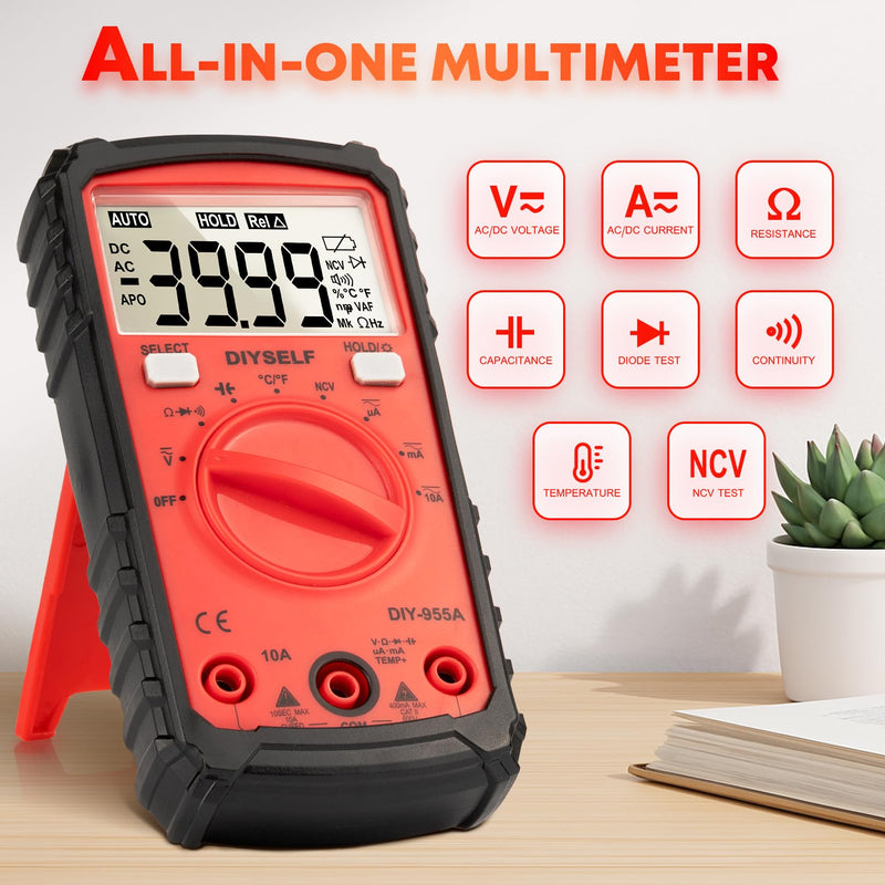 [Australia - AusPower] - DIYSELF Multimeter, 4000 Counts Auto-Ranging Multimeter Tester, Non-Contact Volt Meter, Digital Multimeter for DC/AC Voltage, Capacitance, Resistance, Continuity, Voltage Meter, Capacitor Tester 