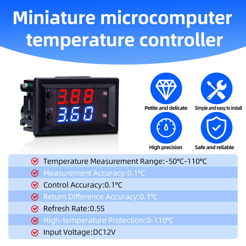 [Australia - AusPower] - 8 Pieces DC 12V Electronic Temperature Controller Programmable -50 to 110 Degree Celsius Heating/ Cooling Thermostat Control Switch Module NTC Waterproof Sensor Probe Dual Color LED Display Monitor 