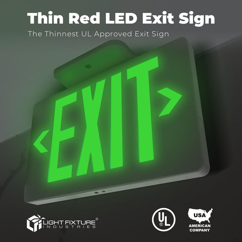 LFI Lights | Thin Green Exit Sign | All LED | White Thermoplastic Housing | Hardwired with Battery Backup | Optional Double Face and Knock Out Arrows Included | UL Listed | (1 Pack) | LEDT-G 1 Pack