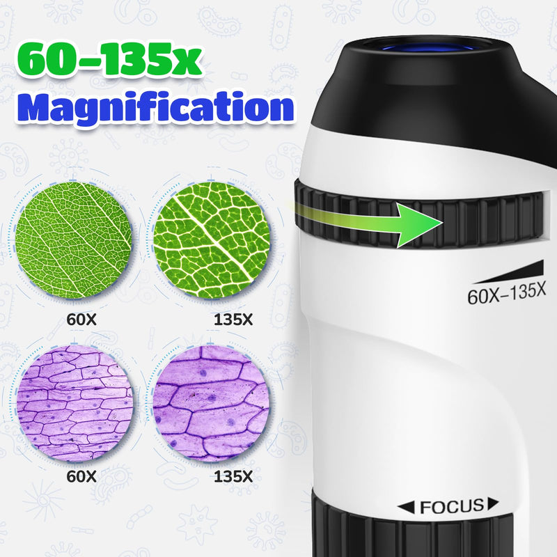 [Australia - AusPower] - Mini Microscope for Children with Slide Set: 60 x 135 x LED Pocket Microscope Portable Handheld Microscope Educational Gift for Children Students Adults Microbiological Observation black 