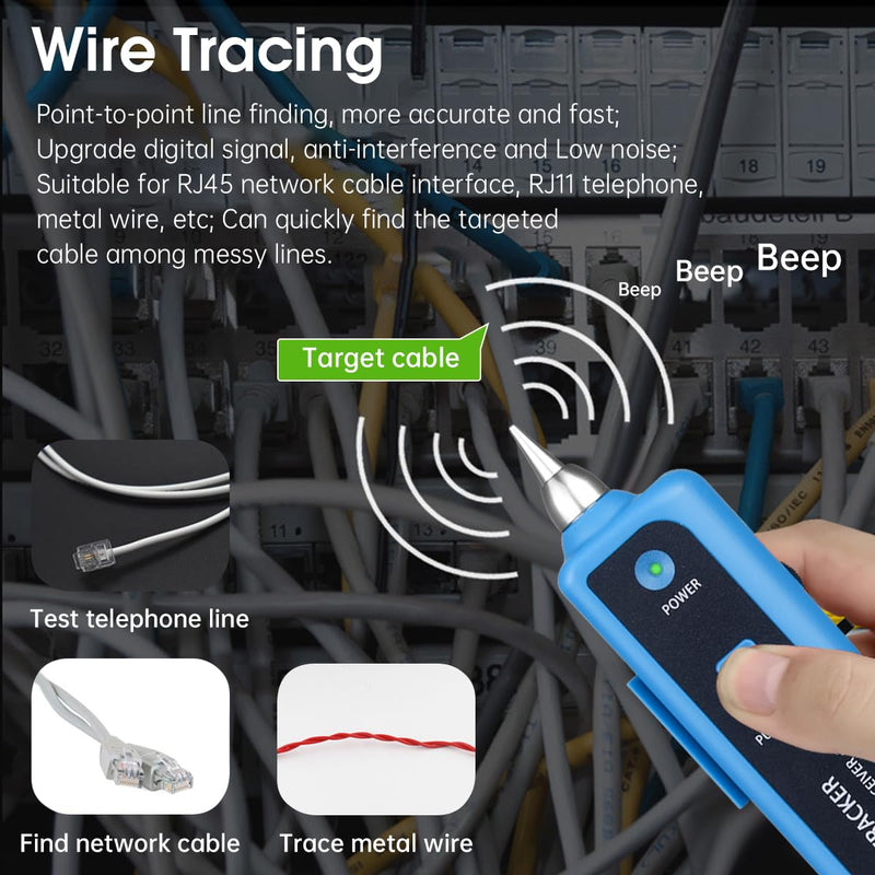 Cable Tracer Ethernet Network Cable Tester RJ45 RJ11 - Wire Toner Tracker CAT5 CAT6 Continuity Tester - Tone Generator and Probe Kit Telephone Line Finder Locator Detector Tool - Blue