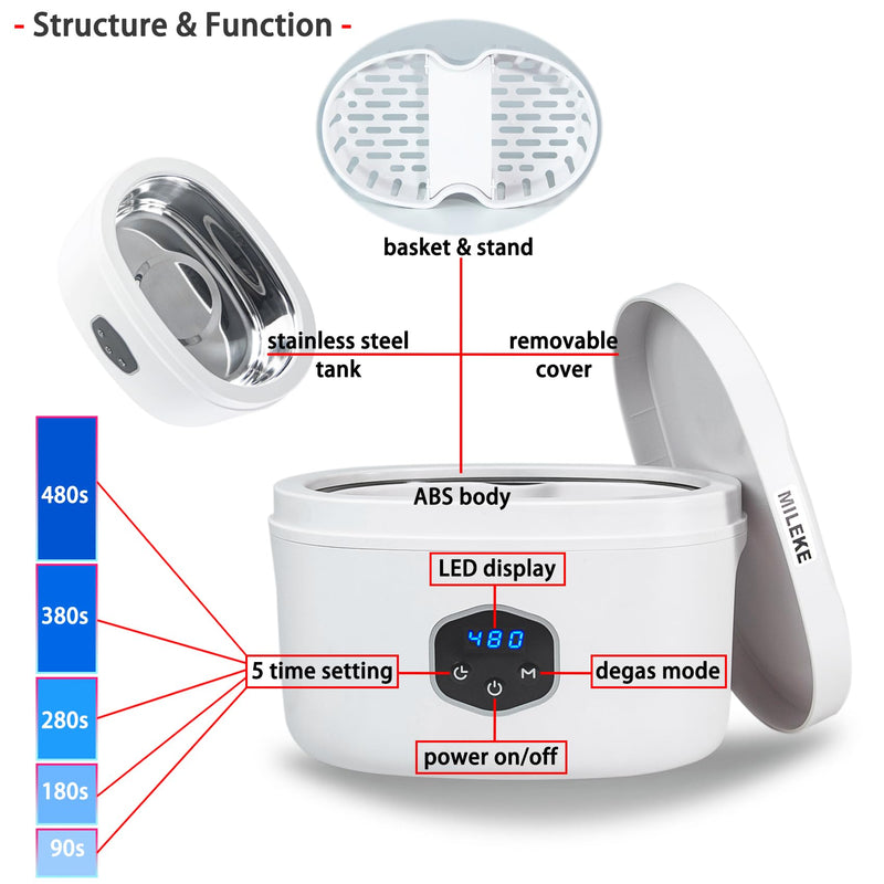 Ultrasonic Jewelry Cleaner, Ultrasonic Eyeglasses Cleaner, Ultrasonic Cosmetic Brush Cleaner with Degas Function, 20oz/600ml 30w / 40KHz