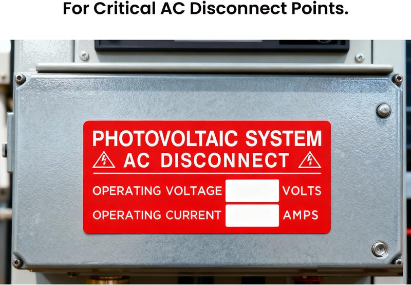 50-Pack Solar AC Disconnect Labels - Photovoltaic System AC Disconnect Stickers - 4" x 2" UV Resistant Vinyl Warning Decals - Code Compliant Electrical Safety Sign for Solar Installers