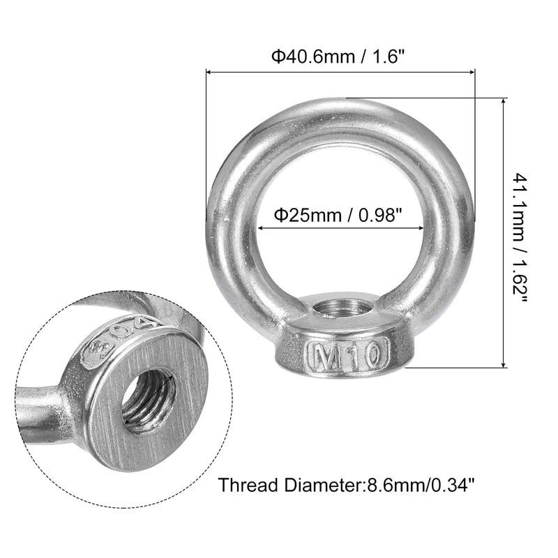 [Australia - AusPower] - uxcell M10-1.5x42mm Lifting Eye Nuts, 10 Pcs 304 Stainless Steel Round Ring Shape Female Threaded Nut Fastener for Home Repairs Rope Fitting 