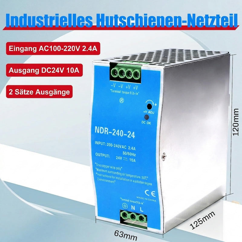 24 V power supply, DIN rail, 240 W, DIN rail switching power supply, input AC 100-220 V, 2.4 A output, DC 24 V, 10 A, multiple protection functions, industrial model NDR-240W-24V. 240W-10A