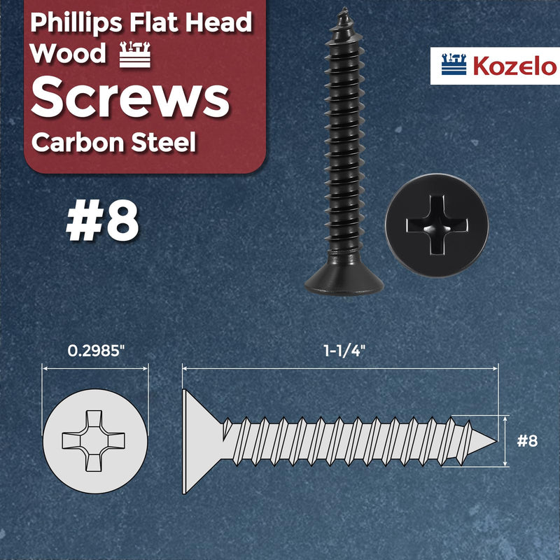 300pcs Phillips Flat Head Wood Screws - [#8x1-1/4] Carbon Steel Countersunk Self Tapping Screws for Furniture Assembly, Interior Trim, Outdoor Construction, Black #8x1-1/4" 300