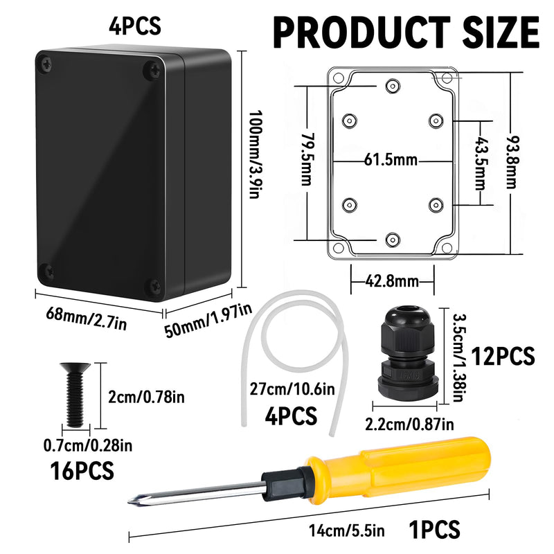 [Australia - AusPower] - 4 Piece Junction Box, IP67 Waterproof Plastic Housing with 12 Cable Glands, 100 x 68 x 50 mm Junction Box, Black, Housing Electronics for Indoor and Outdoor Electrical Installations Black IP67 