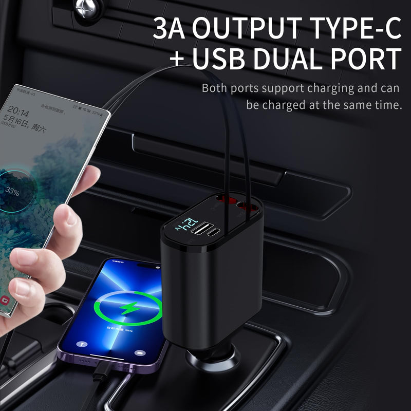 [Australia - AusPower] - Retractable Car Charger, 4 in 1 Fast Charging Car Charger 60W, Retractable Cable and 2 USB Ports Car Charger Adapter Compatible with iPhone 15 14 13 12 11 Pro Max, Galaxy S23, Pixel Car Charger Type C+Lightning-CL B 
