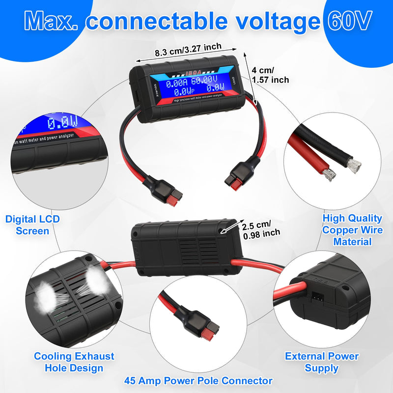 [Australia - AusPower] - Yunsailing 2 Pcs High Precision Watt Meter Power Analyzer Battery Consumption Performance Monitor Power Monitor with Backlight Digital LCD Screen(with 45 Amp Power Grade Connector, 150A/60V) with 45 Amp Power Grade Connector 