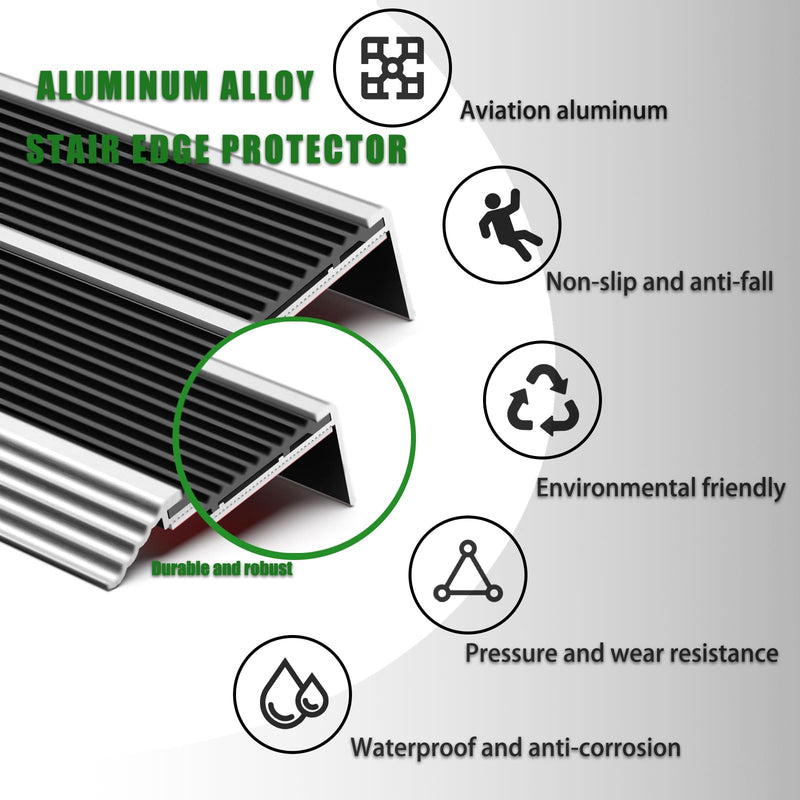 Aluminum Stair Edge Protector - Non-Slip Stair Treads & Nosing for Staircases & Porch, Easy-to-Install (Silver-Black 6PCS 35.4inch) Silver-Black02 6