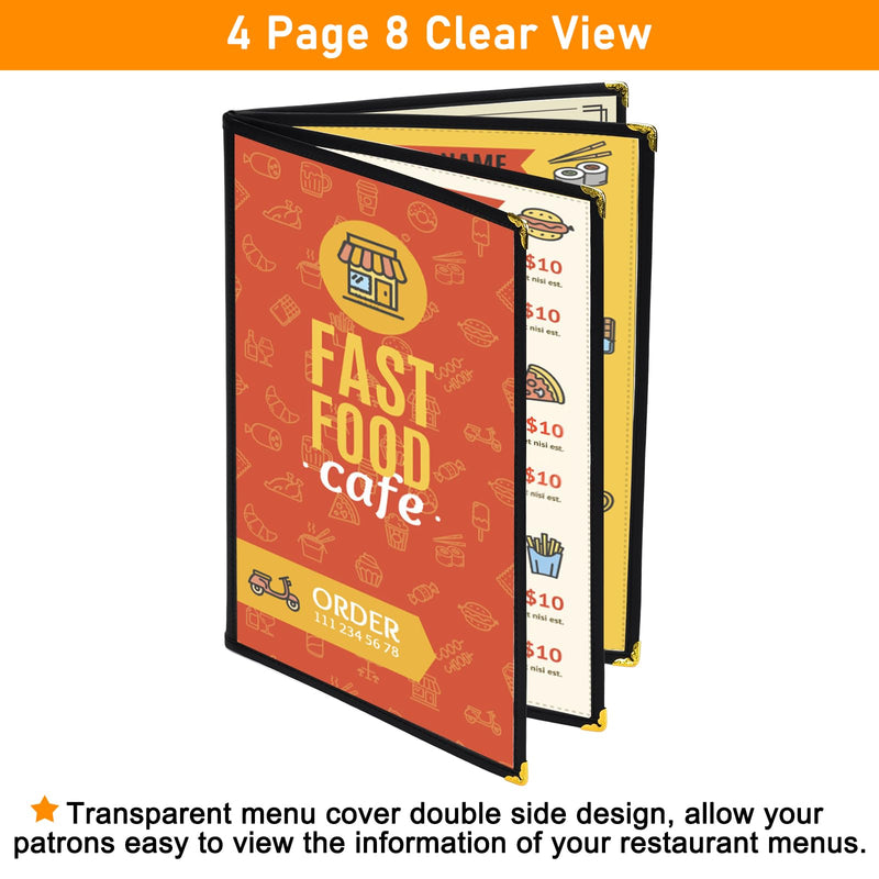 [Australia - AusPower] - Resturant Menu Covers, 2 PCS 4 page 8 view transparent leather Menu Covers 8.5X11 inch, homeschool supplies and restuarnt supplies (Black*2) 