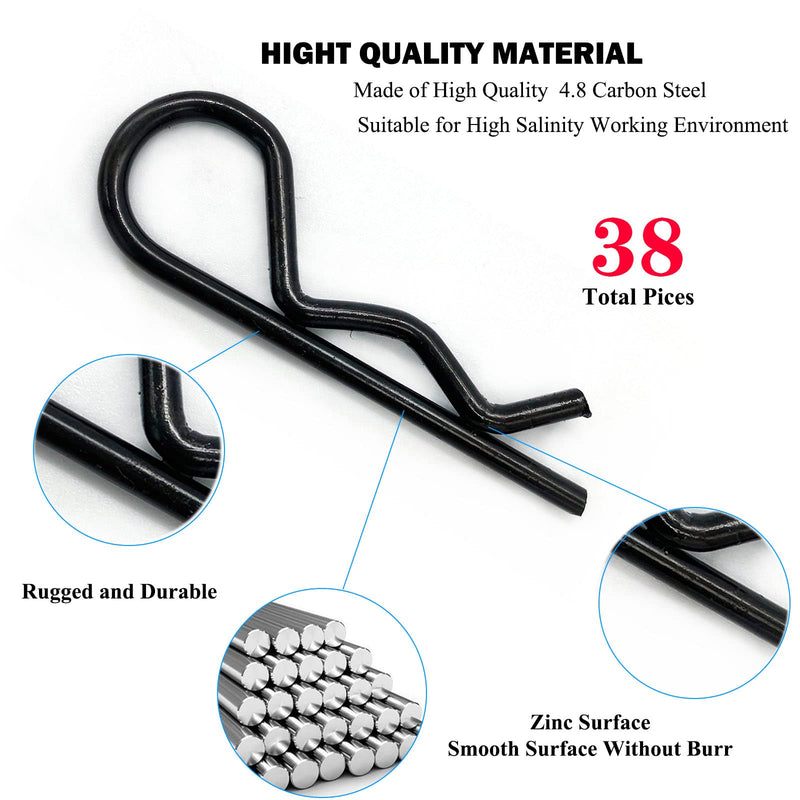 [Australia - AusPower] - 38 Pcs Hitch Pin Clip R Clips Retaining Pins Tractor Cotter Pin Hair Pin Assortment Iron Black Zinc-plated Spring Clip Retainer Pins keeper Pins Kit for Dolly Pins/Trailer Pin Clips Replacement Black 38 pcs in 5 size 