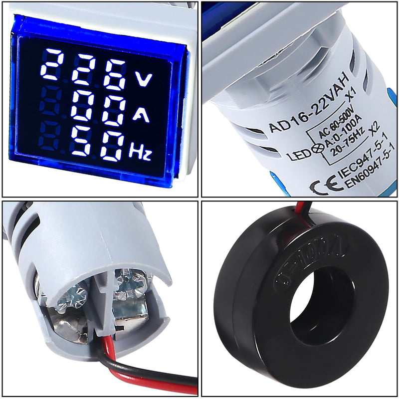 [Australia - AusPower] - Alinan 3 in 1 60-500V 0-100A AC Digital Ammeter Voltmeter, 22mm Square Digital Tube Screen with Transformer, LED Display Voltage Detector Current Tester Gauge(Blue) Blue 